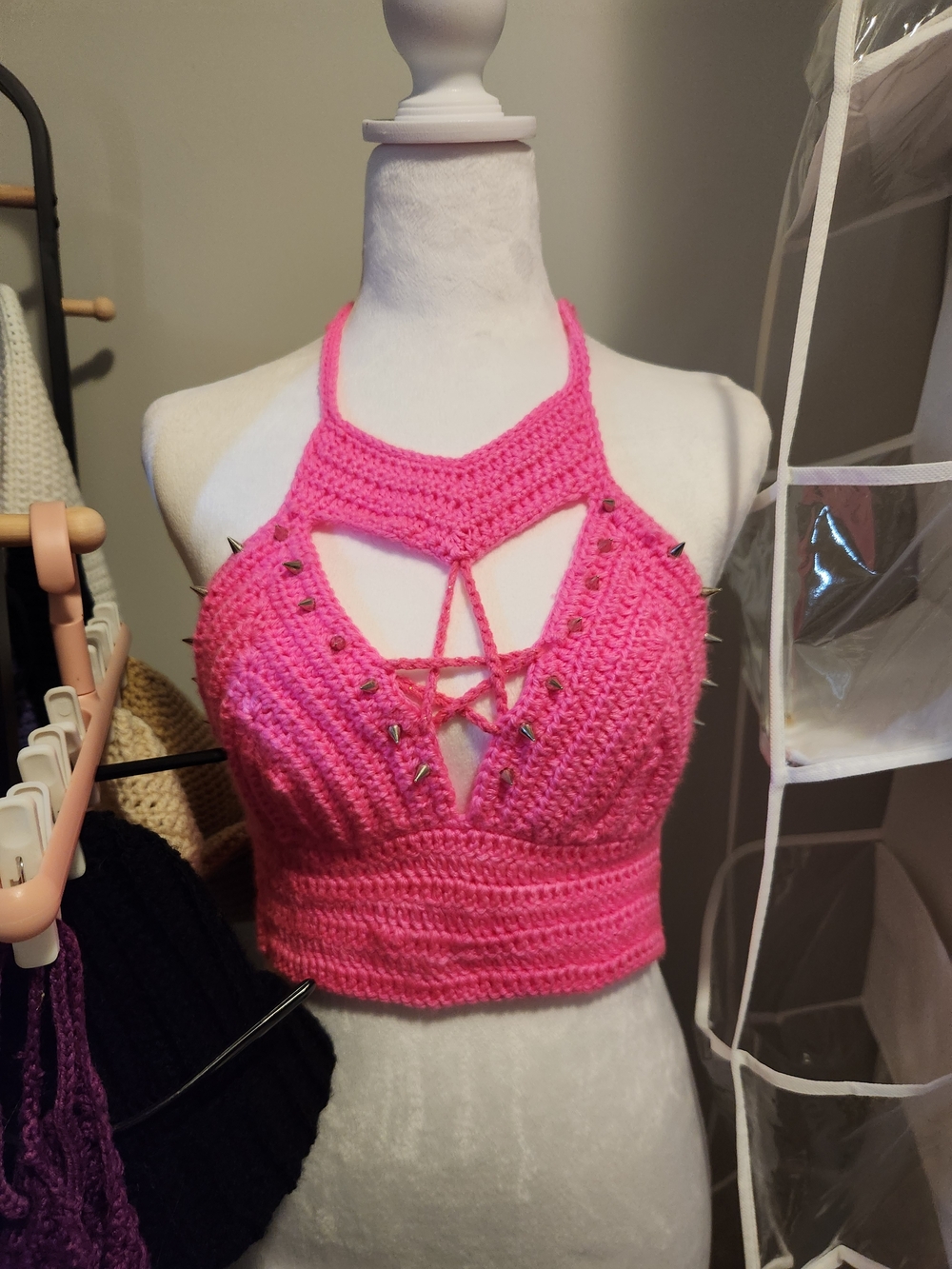 Handmade Pink Crochet Halter Crop Top With Spikes